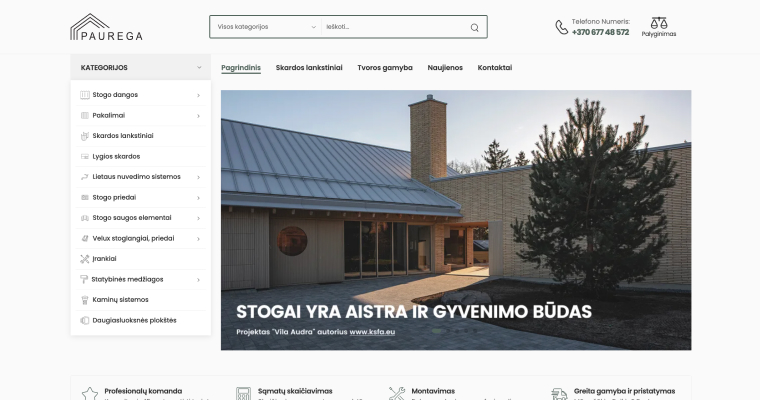 Pagrindinis puslapis su dideliu šiuolaikinio namo stogo vaizdu ir viršuje užrašu su šūkiu (liet. stogo įvaizdis).